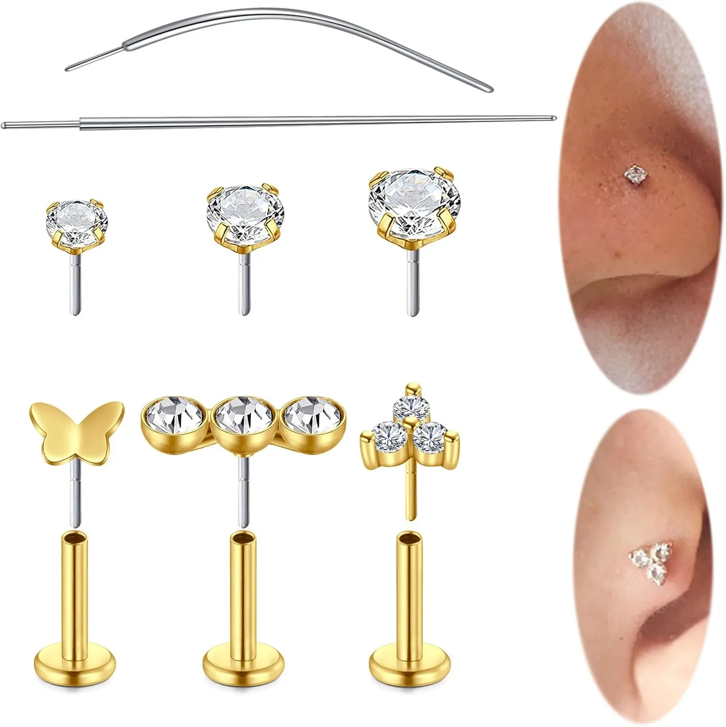 Longita Threadless Nose Stud 20g Flat Back Gold Cartilage Earring Silver Helix Earrings 20 Gauge Push in With Backs Nose Rings Hoops Piercing Taper