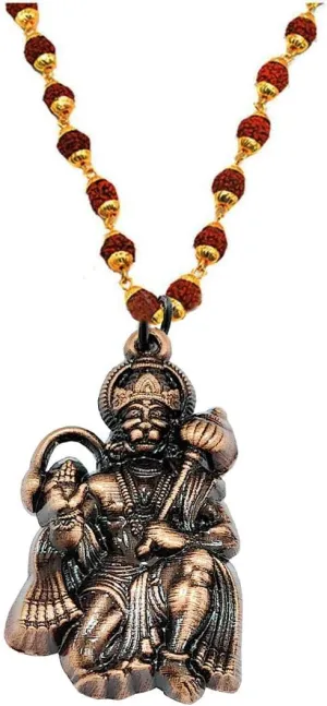Lord Pawan Putra Hanuman Locket with Gold Plated Cap Panchmukhi Rudraksha Mala Brass and Wood Religious Jewellery Pendant Necklace Chain for Men and Women By Indian Collectible