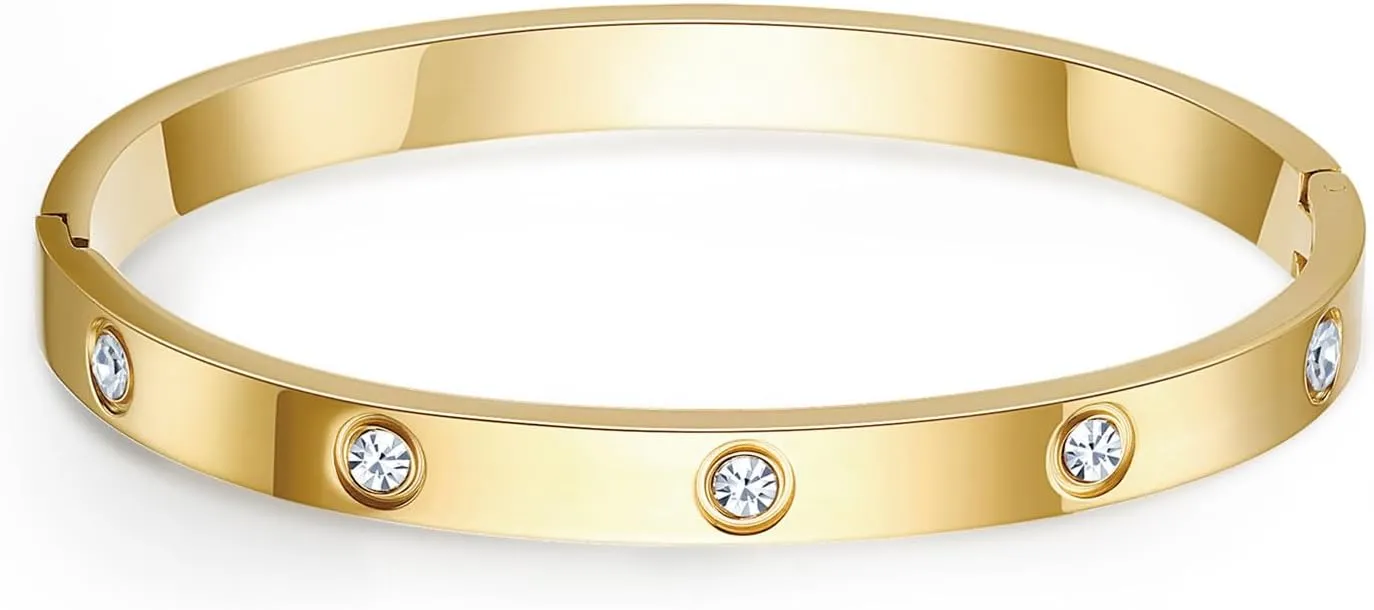 Love Bangle Bracelets for Women Trendy Stainless Steel Cubic Zirconia Hinged Friendship Jewelry, Stocking Stuffers Birthday Wedding Graduation Gifts for Women, Gold, Silver