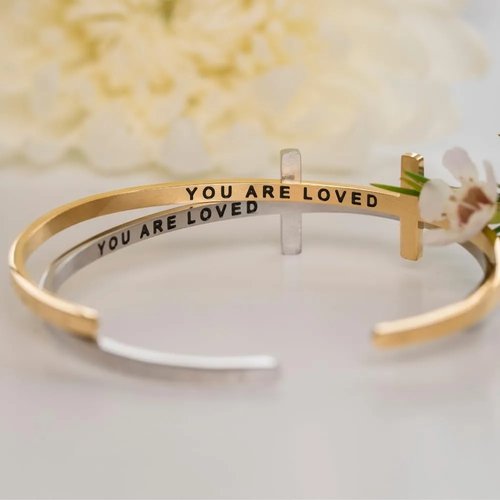 MantraBand Bracelet - Cross Religious Inspiration Bible Phrase - Inspirational Engraved Adjustable Mantra Band Cuff Bracelet - Gold - Gifts for Women