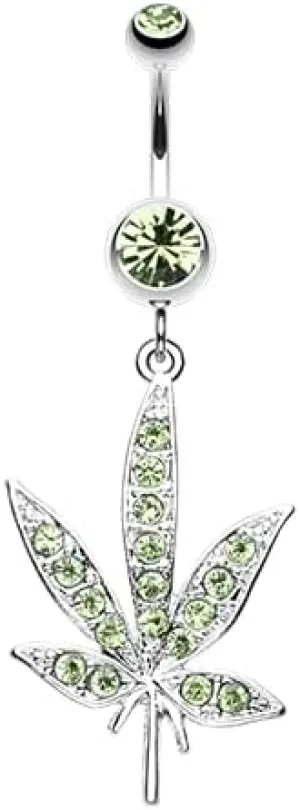 Marijuana Indica Cannabis Pot Leaf Multi-Gem Cubic Zirconia Navel Dangle Belly Button Ring