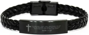 Mark 11:24 Bracelet Bible Verses Religious Gifts for Women Men Personalized Engraved Mark 11:24 Braided Leather Bracelet Catholic Christian Gifts for Women 1 Peter 3:3-4