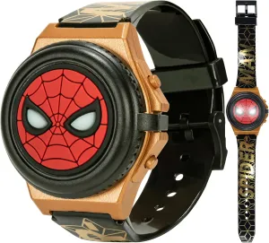 Marvel Spider-Man Kids' LCD Watch  Light-Up Flip Top Design with Glowing Eye Cover, Gold-Tone Accents, and Adjustable Silicone Strap  Durable and Fun for Ages 5 