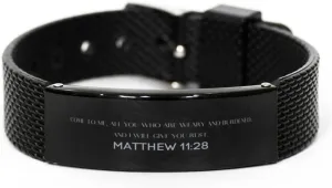 Matthew 11:28 Christian Black Shark Mesh Bracelet Gifts, Faith Message Prayer Matthew 11:28 Religious Bracelets for Women Men Matthew 11:28 Bible Verse Inspirational Mantra Adjustable Bracelet Power