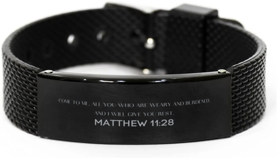 Matthew 11:28 Christian Black Shark Mesh Bracelet Gifts, Faith Message Prayer Matthew 11:28 Religious Bracelets for Women Men Matthew 11:28 Bible Verse Inspirational Mantra Adjustable Bracelet Power