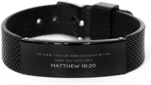 Matthew 18:20 Christian Black Shark Mesh Bracelet Gifts, Faith Message Prayer Matthew 18:20 Religious Bracelets for Women Men Matthew 18:20 Bible Verse Inspirational Mantra Adjustable Bracelet Power
