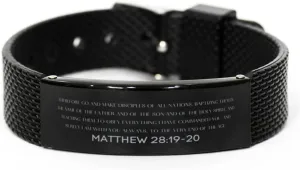 Matthew 28:19-20 Christian Black Shark Mesh Bracelet Gifts, Faith Message Prayer Matthew 28:19-20 Religious Bracelets for Women Men Matthew 28:19-20 Bible Verse Inspirational Mantra Adjustable
