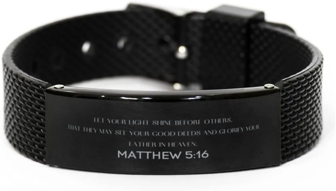 Matthew 5:16 Christian Black Shark Mesh Bracelet Gifts, Faith Message Prayer Matthew 5:16 Religious Bracelets for Women Men Matthew 5:16 Bible Verse Inspirational Mantra Adjustable Bracelet Power of