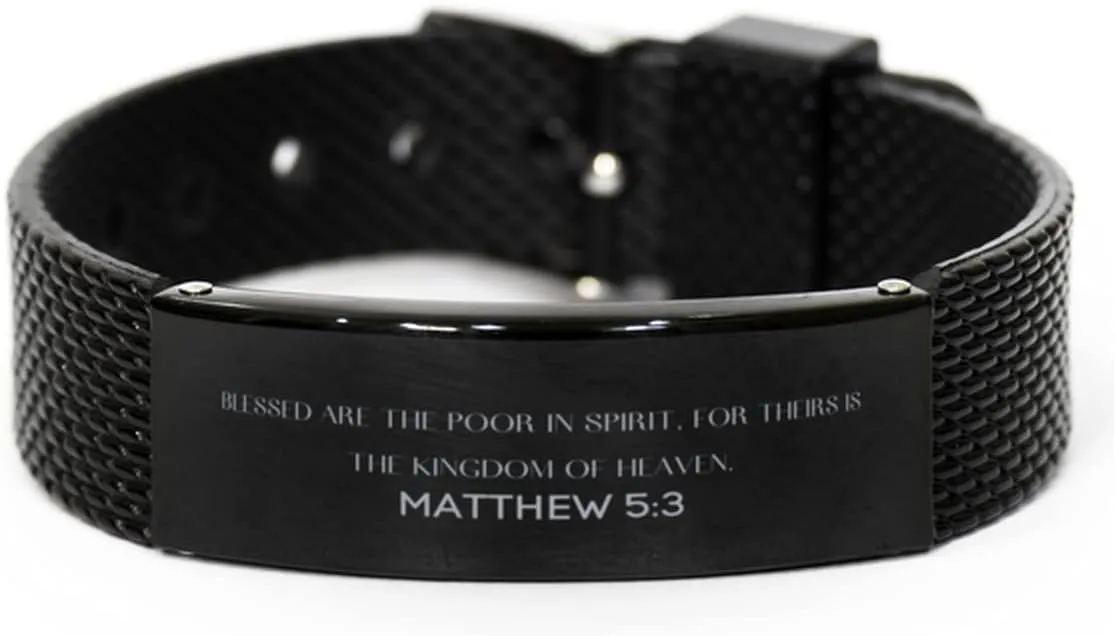 Matthew 5:3 Christian Black Shark Mesh Bracelet Gifts, Faith Message Prayer Matthew 5:3 Religious Bracelets for Women Men Matthew 5:3 Bible Verse Inspirational Mantra Adjustable Bracelet Power of