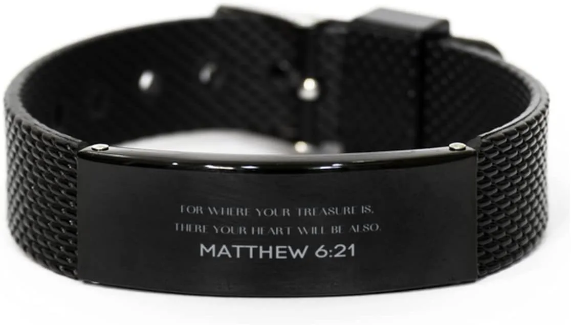 Matthew 6:21 Christian Black Shark Mesh Bracelet Gifts, Faith Message Prayer Matthew 6:21 Religious Bracelets for Women Men Matthew 6:21 Bible Verse Inspirational Mantra Adjustable Bracelet Power of