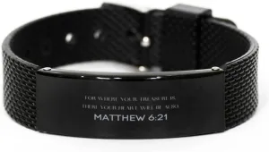Matthew 6:21 Christian Black Shark Mesh Bracelet Gifts, Faith Message Prayer Matthew 6:21 Religious Bracelets for Women Men Matthew 6:21 Bible Verse Inspirational Mantra Adjustable Bracelet Power of