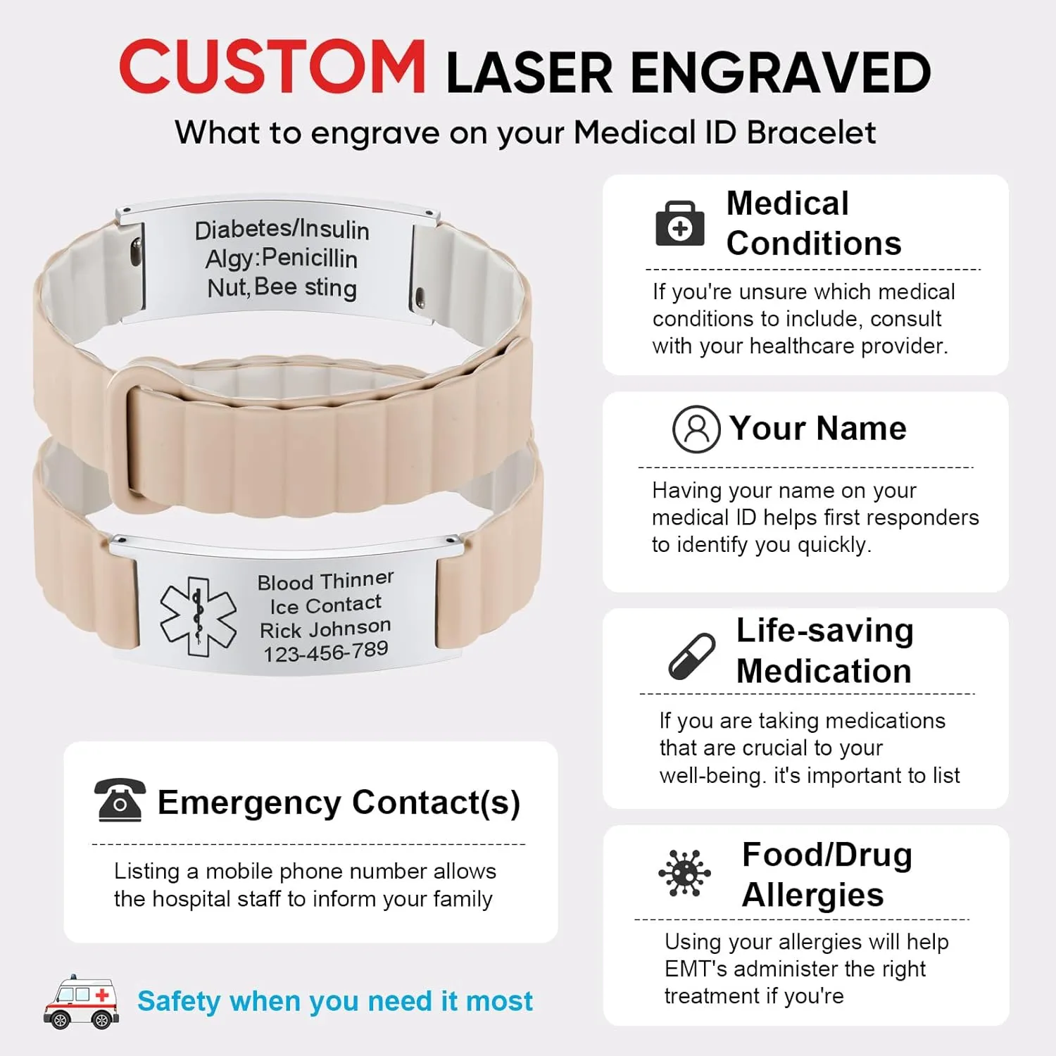 MEALGUET Comfortable Medical ID Bracelet for Men & Women - Custom Engraved Silicone Strap Comfort Fit Medical Alert Bracelets for Sports,Adjustable Waterproof Customizable Wristband for Diabetic