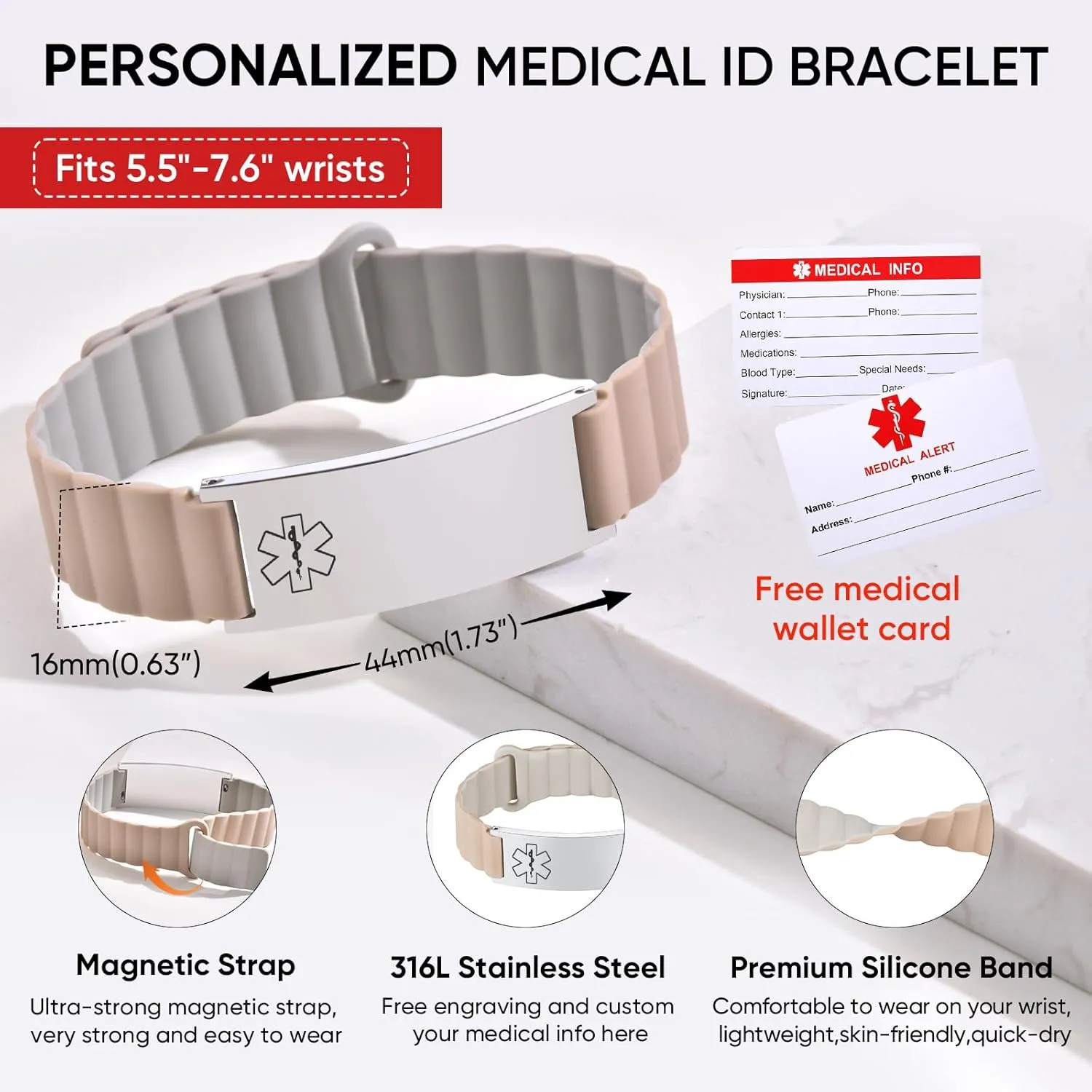 MEALGUET Comfortable Medical ID Bracelet for Men & Women - Custom Engraved Silicone Strap Comfort Fit Medical Alert Bracelets for Sports,Adjustable Waterproof Customizable Wristband for Diabetic