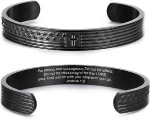 MEALGUET Cross Cuff Bangle Bracelets for Men : Engraved Inspirational Bible Verse American Flag Cross Bracelet Men's Faith Christian Jewelry Gifts for Men Son Dad Brother Husband Daily Prayer