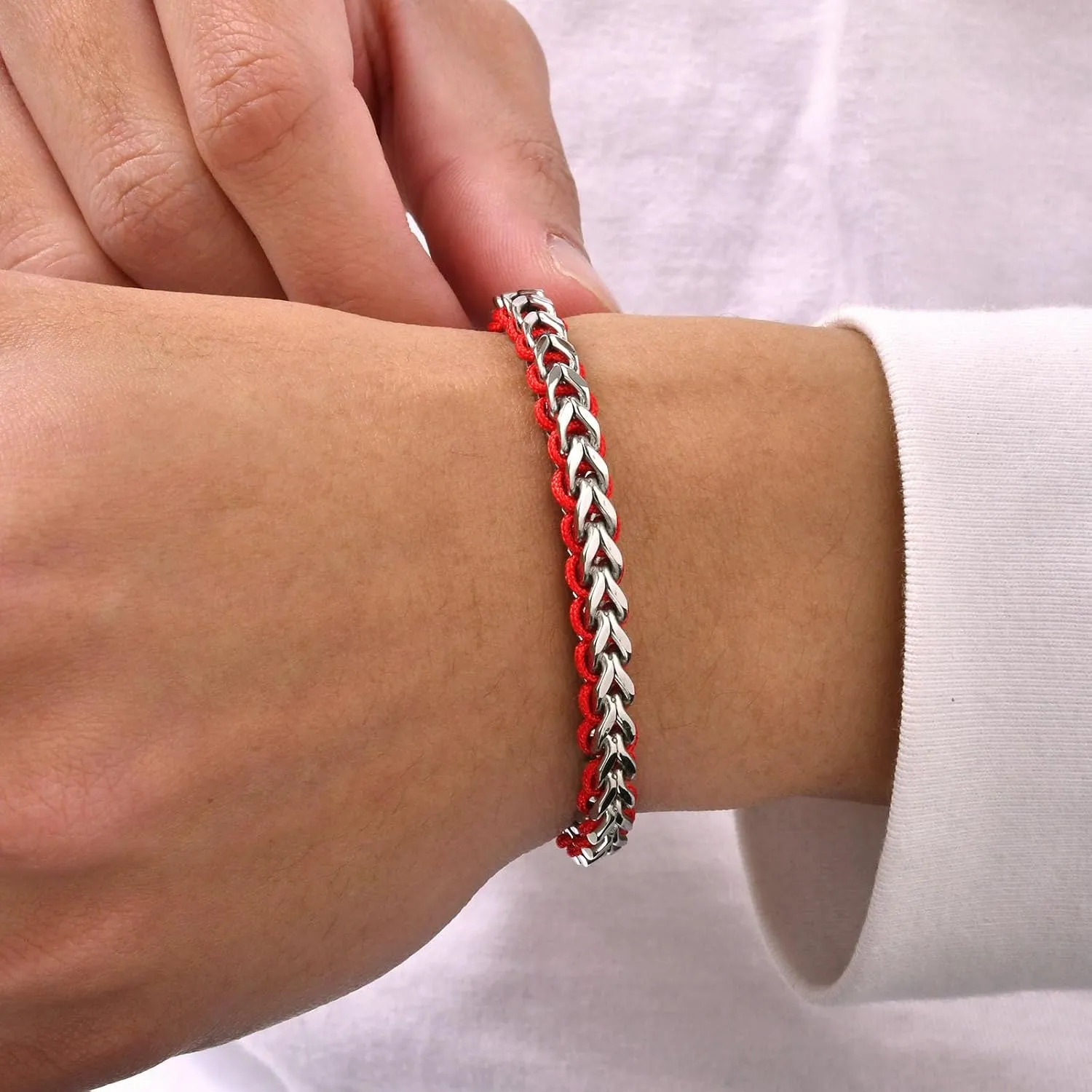 MEALGUET Rope & Chain Braided Link Bracelet for Men : Handmade Trendy Men's Stainless Steel Metal Non Tarnish Waterproof Cuban Chain Bracelet Fashion Jewelry Gift for Dad Son Boyfriend, Adjustable