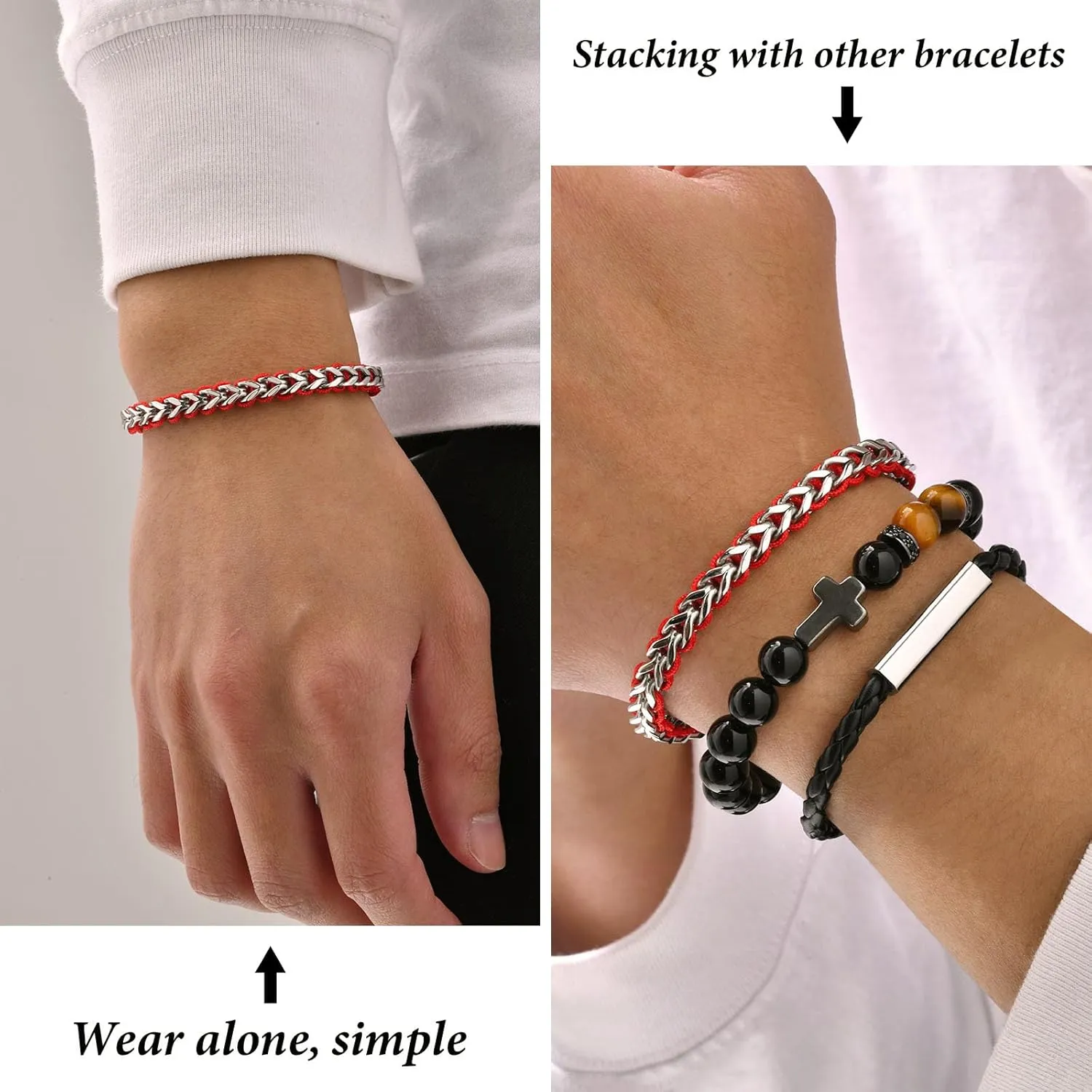 MEALGUET Rope & Chain Braided Link Bracelet for Men : Handmade Trendy Men's Stainless Steel Metal Non Tarnish Waterproof Cuban Chain Bracelet Fashion Jewelry Gift for Dad Son Boyfriend, Adjustable