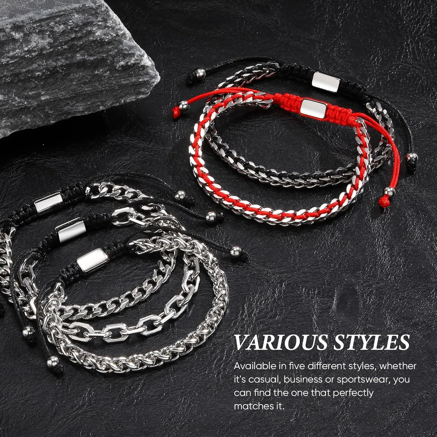 MEALGUET Rope & Chain Braided Link Bracelet for Men : Handmade Trendy Men's Stainless Steel Metal Non Tarnish Waterproof Cuban Chain Bracelet Fashion Jewelry Gift for Dad Son Boyfriend, Adjustable