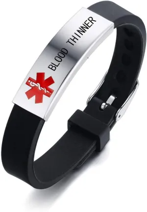 Medical Alert ID Bracelet Laser Engraved BLOOD THINNER Adjustable Wristband for Women Emergency First Aid