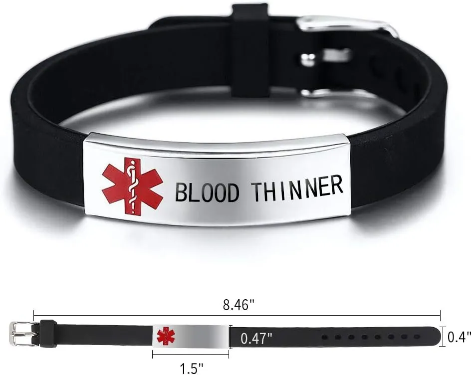 Medical Alert ID Bracelet Laser Engraved BLOOD THINNER Adjustable Wristband for Women Emergency First Aid