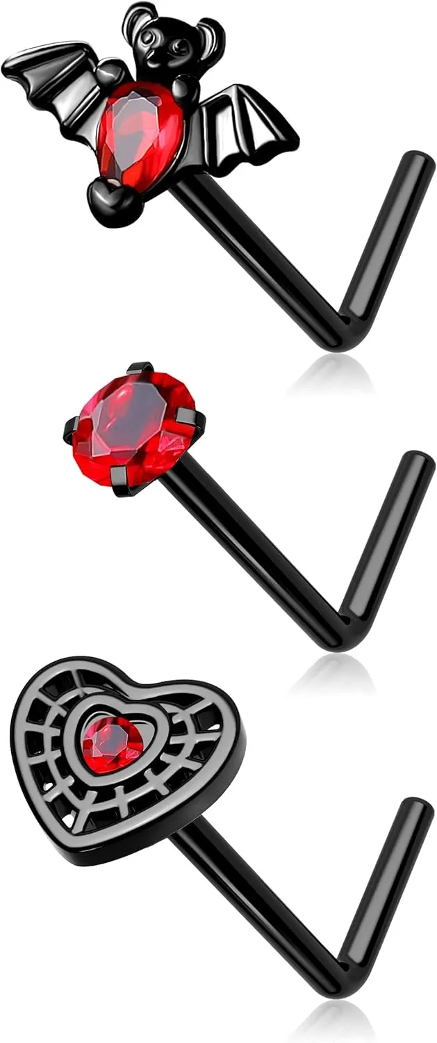 MeIighting 3PCS Bat Nose Rings 20G Halloween Nose Studs Surgical Steel 316L Heart Nose Piercing Jewelry L Shaped Bat Nostril Piercing Jewerly