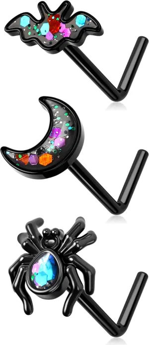 MeIighting 3PCS Black Nose Rings 20G Halloween Nose Studs Surgical Steel 316L Spider Nose Piercing Jewelry L Shaped Bat Nostril Piercing Jewerly