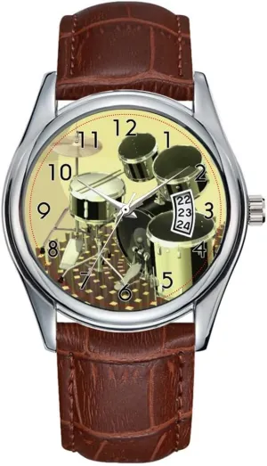 Men Watch Casual Waterproof Quartz Watches Clock Date Classic Business Brown Leather Christmas Wristwatch High Angle View of a Drum kit Wrist Watch