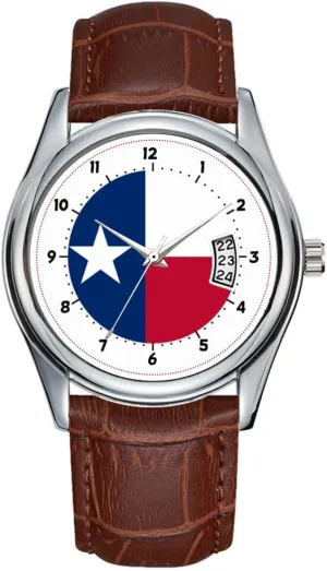 Men Watch Casual Waterproof Quartz Watches Clock Date Classic Business Brown Leather Christmas Wristwatch Texas Flag, American State Flag Wristwatch