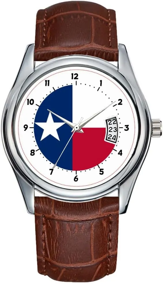 Men Watch Casual Waterproof Quartz Watches Clock Date Classic Business Brown Leather Christmas Wristwatch Texas Flag, American State Flag Wristwatch