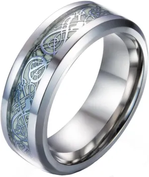 Men's 8mm Silver Carbon Fiber Silver Celtic Dragon Luminous Effect Ring Band Glow in The Dark