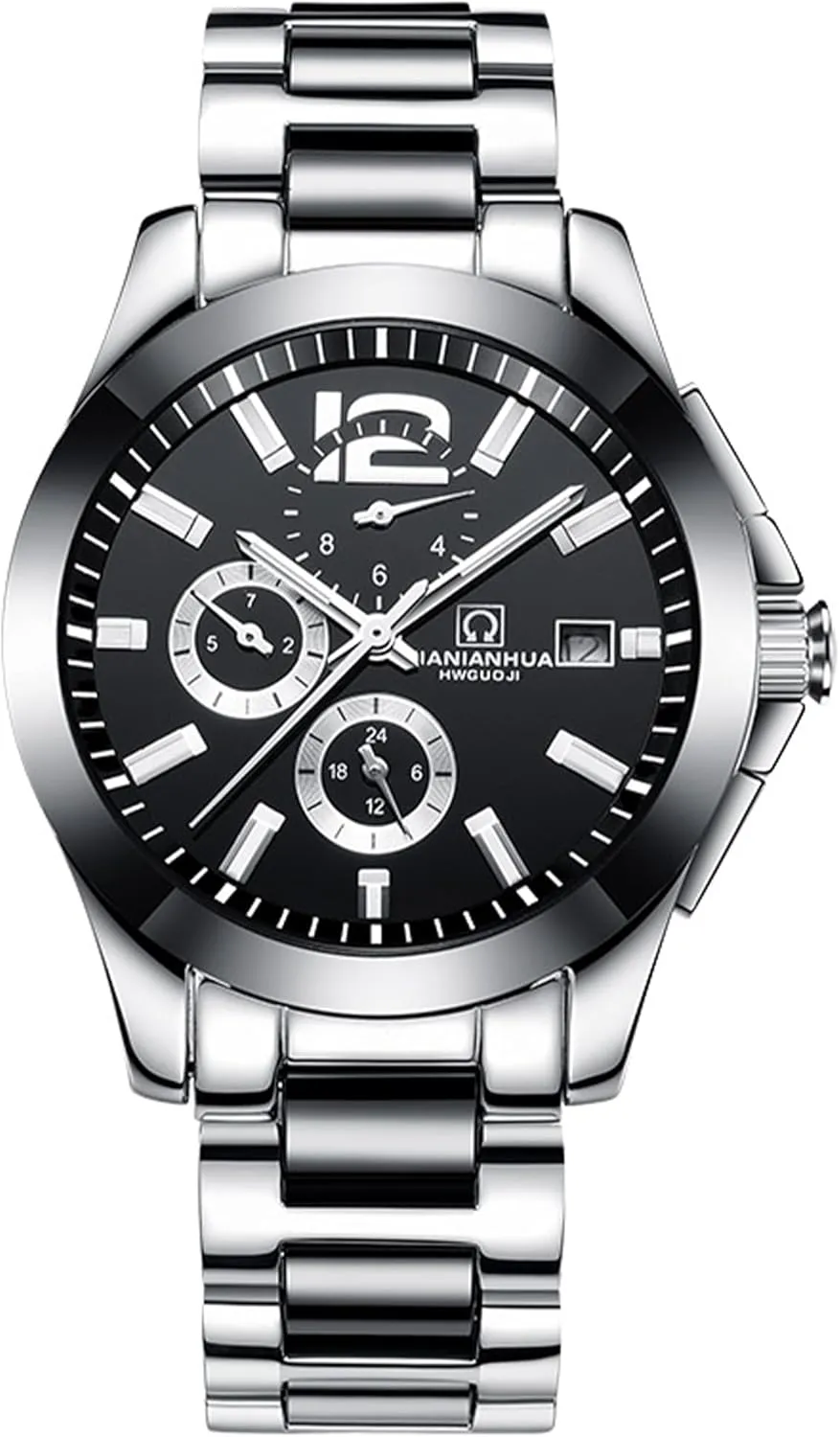 Men's Mechanical Watch, Stainless Steel Bezel, Leather Strap, Date Magnifier, 4 Sub-Dials (Date, Month, Weekday, 24-Hour), 40mm Automatic, 30m Waterproof, Luminous Display