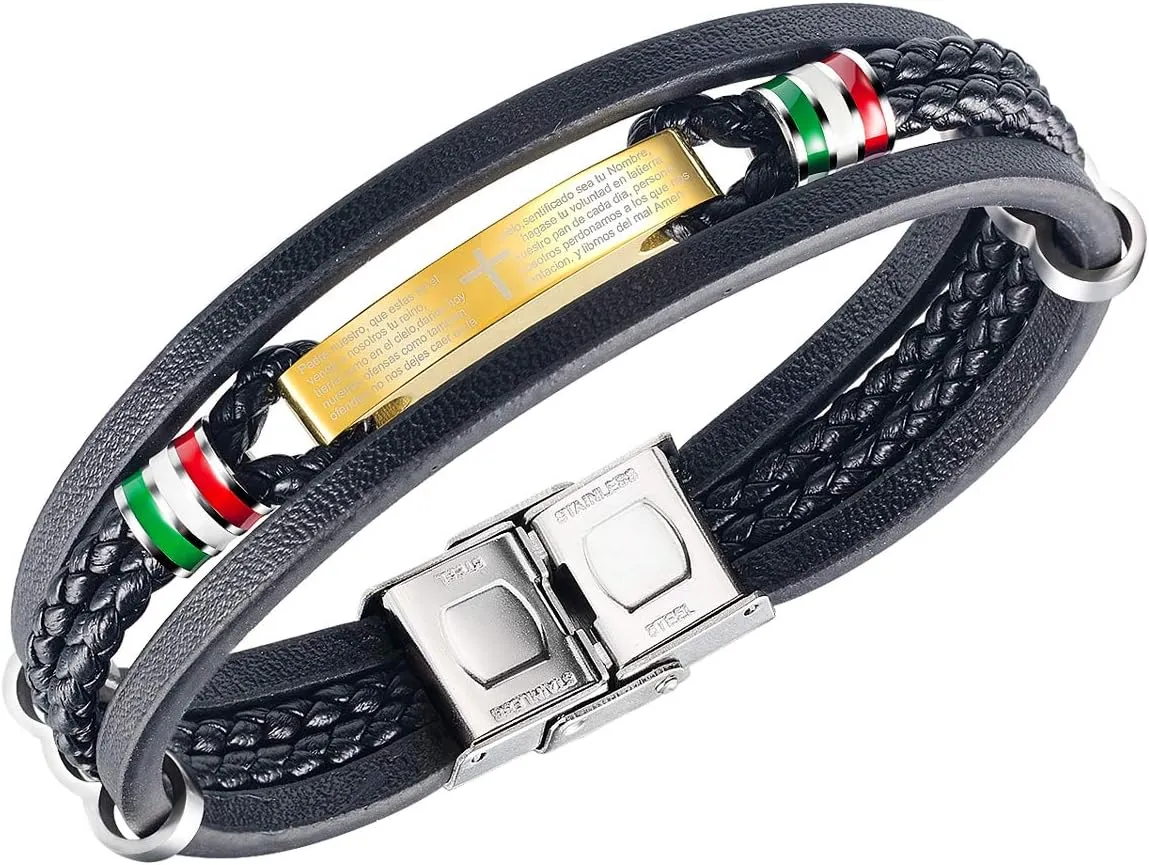 Men's Spanish Bible Lords Prayer Cross Bracelet Multilayer Braided Leather Bracelet Black & Brown, 8.66 inch