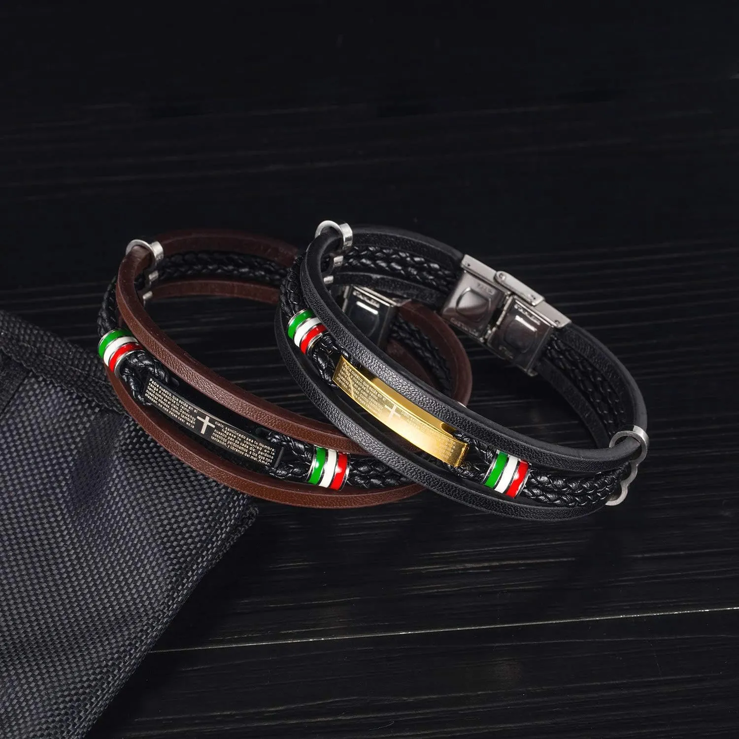 Men's Spanish Bible Lords Prayer Cross Bracelet Multilayer Braided Leather Bracelet Black & Brown, 8.66 inch