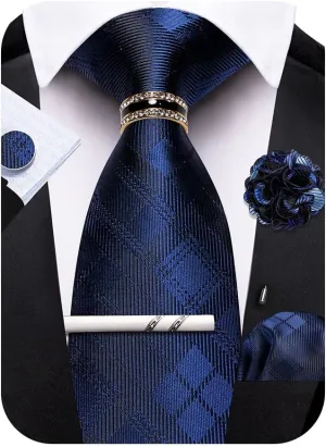Mens Tie Set 6PCS Plaid Stripe Necktie Silk Handkerchief Cufflinks Ties Clip Lapel Pin and Tie Ring Formal