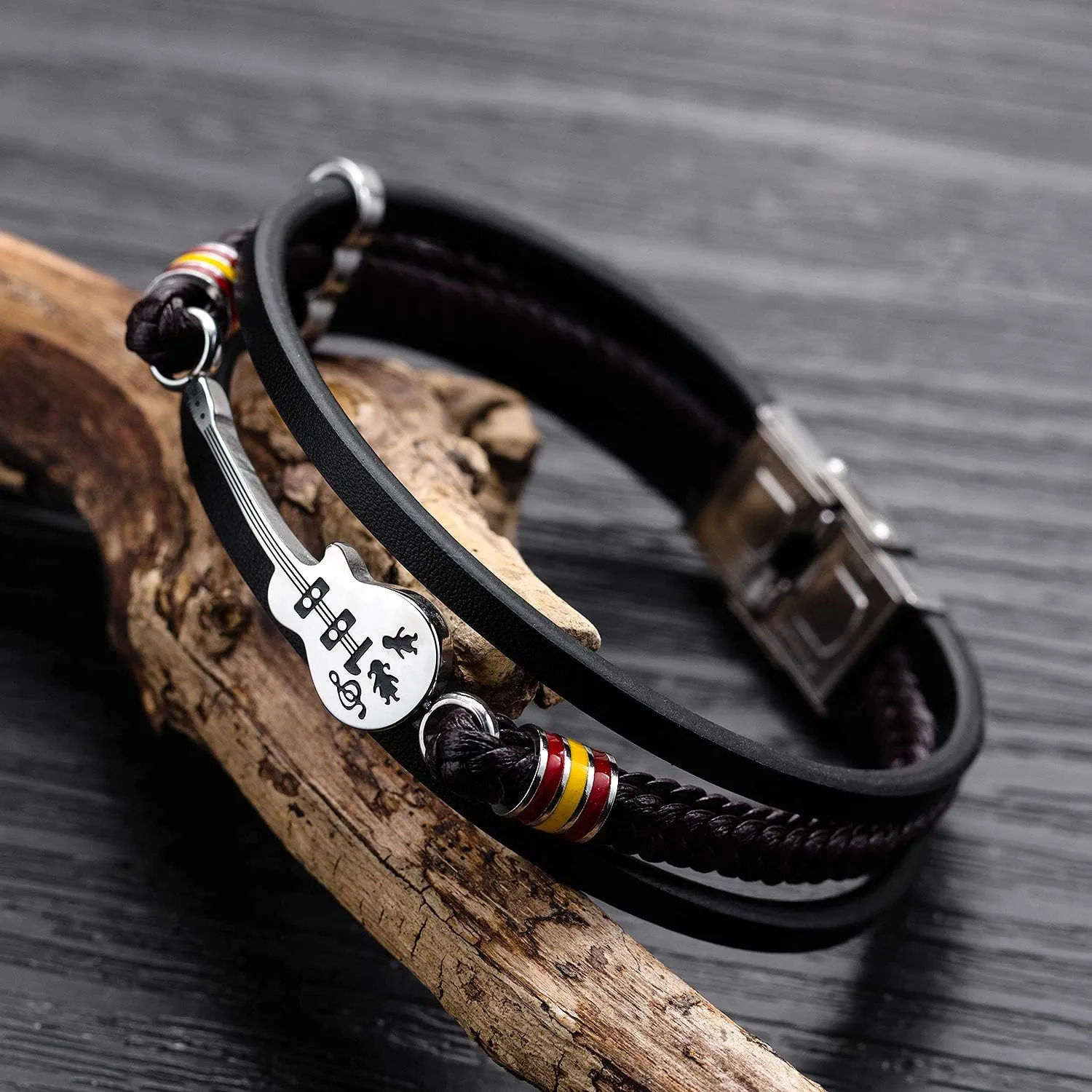 Mens Womens Leather Bracelet Guitar Handmade Braided Multi-Layer Wrap Bracelet, 8.26 inches