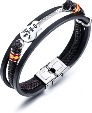 Mens Womens Leather Bracelet Guitar Handmade Braided Multi-Layer Wrap Bracelet, 8.26 inches