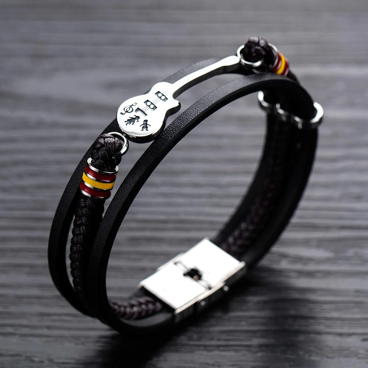 Mens Womens Leather Bracelet Guitar Handmade Braided Multi-Layer Wrap Bracelet, 8.26 inches