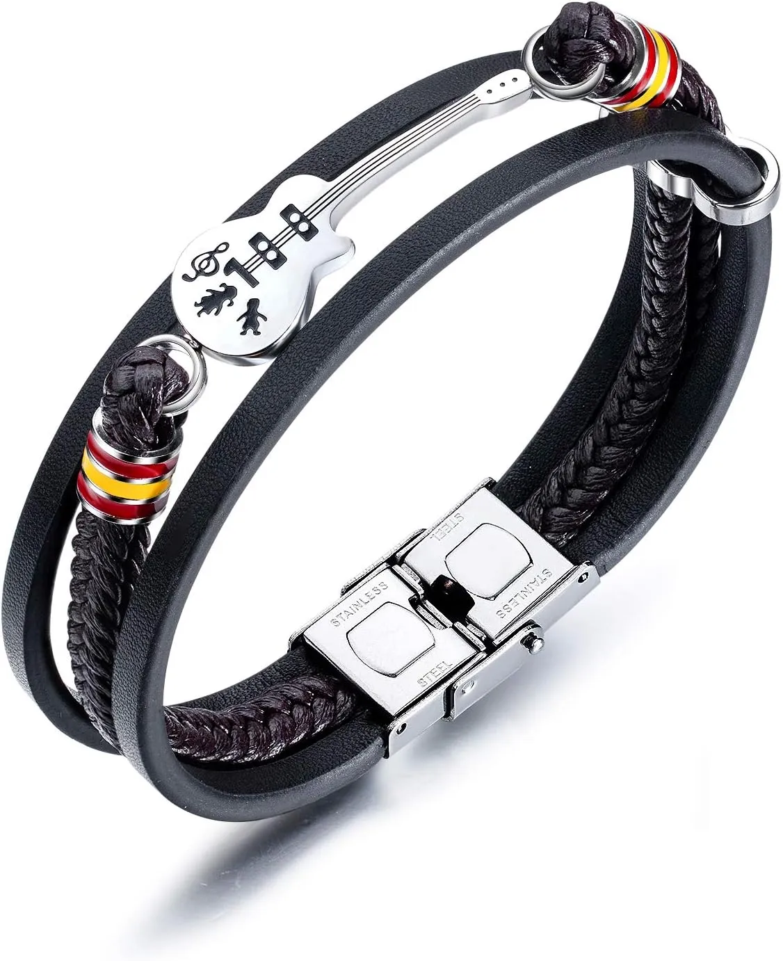 Mens Womens Leather Bracelet Guitar Handmade Braided Multi-Layer Wrap Bracelet, 8.26 inches