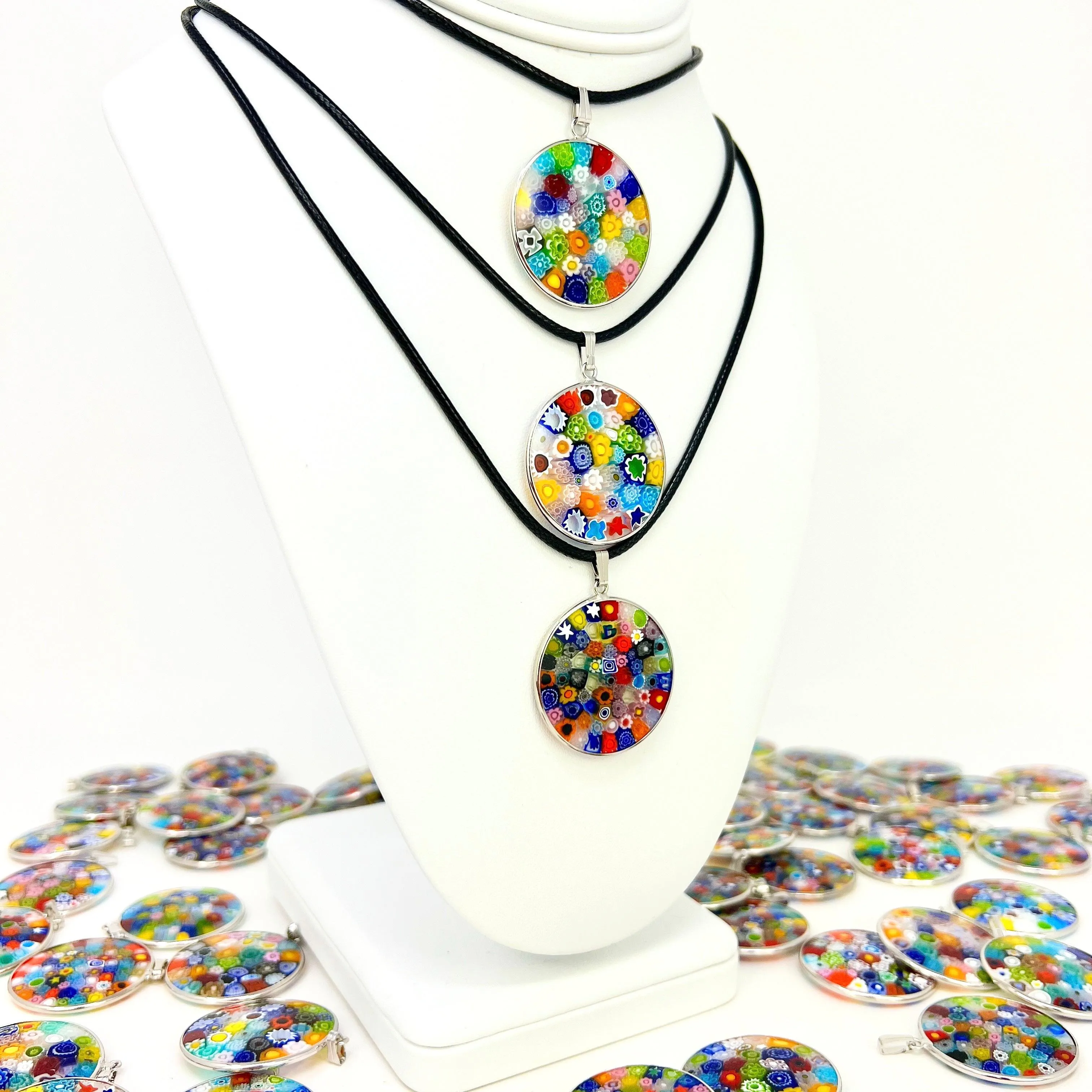 Millefiori Glass Round Disc Pendant Necklace, Multi Color, Silver