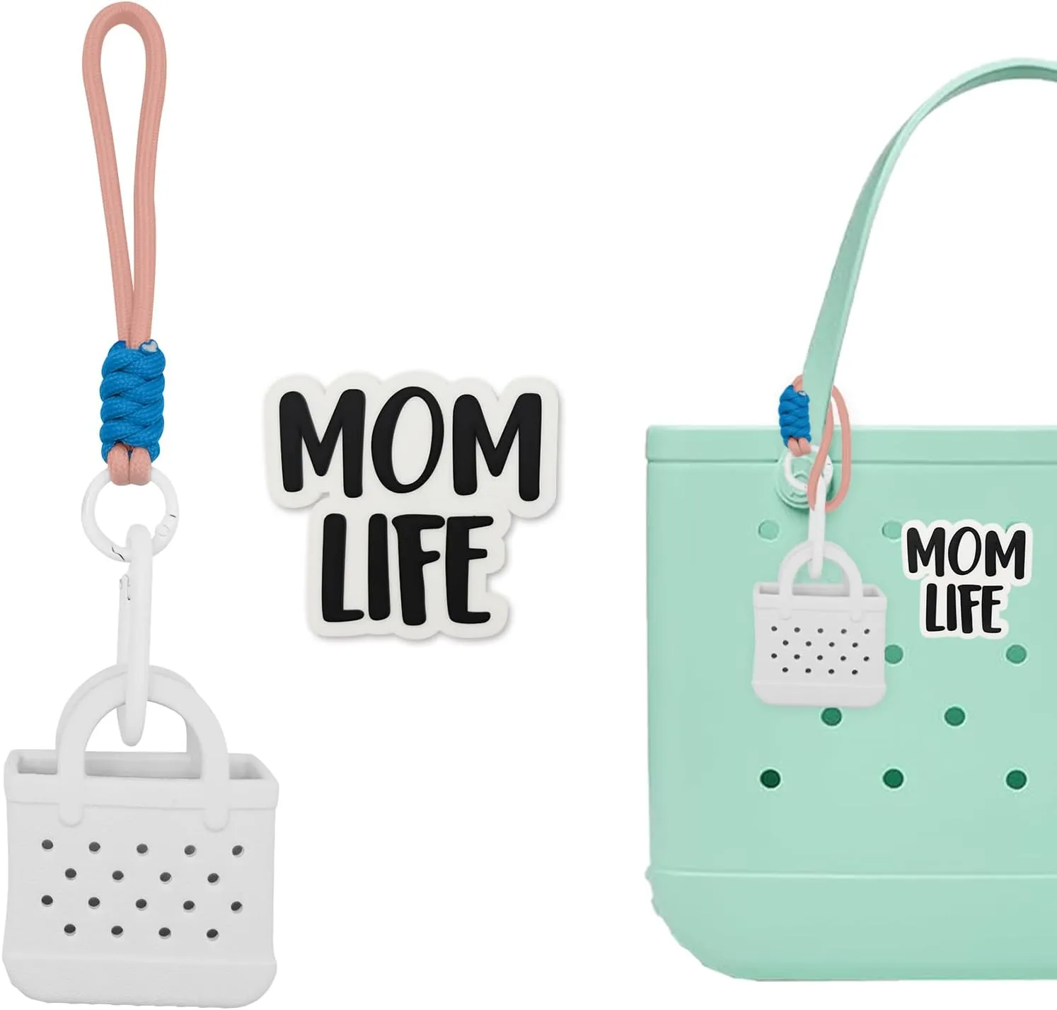 Mini EVA Bag Charms for Bogg Bag  Small Open-Top Pouch with Paracord Carabiner & Mom Life Charm  Holds Keys, Earbuds & Small Essentials  Fits All Rubber Beach Bags-White