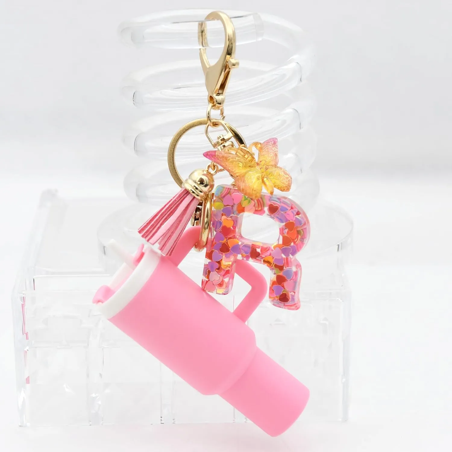 Mini Tumbler Keychain Cute Stanley Cup Charms For Backpack Initial Letter Fashion Tassel Butterfly Pendant Keychain For Women