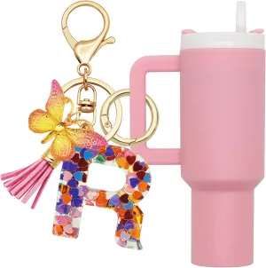 Mini Tumbler Keychain Cute Stanley Cup Charms For Backpack Initial Letter Fashion Tassel Butterfly Pendant Keychain For Women