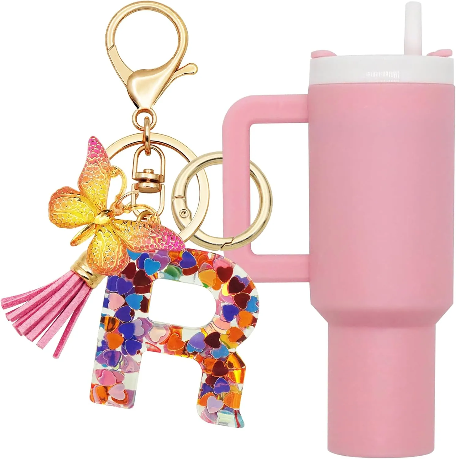 Mini Tumbler Keychain Cute Stanley Cup Charms For Backpack Initial Letter Fashion Tassel Butterfly Pendant Keychain For Women