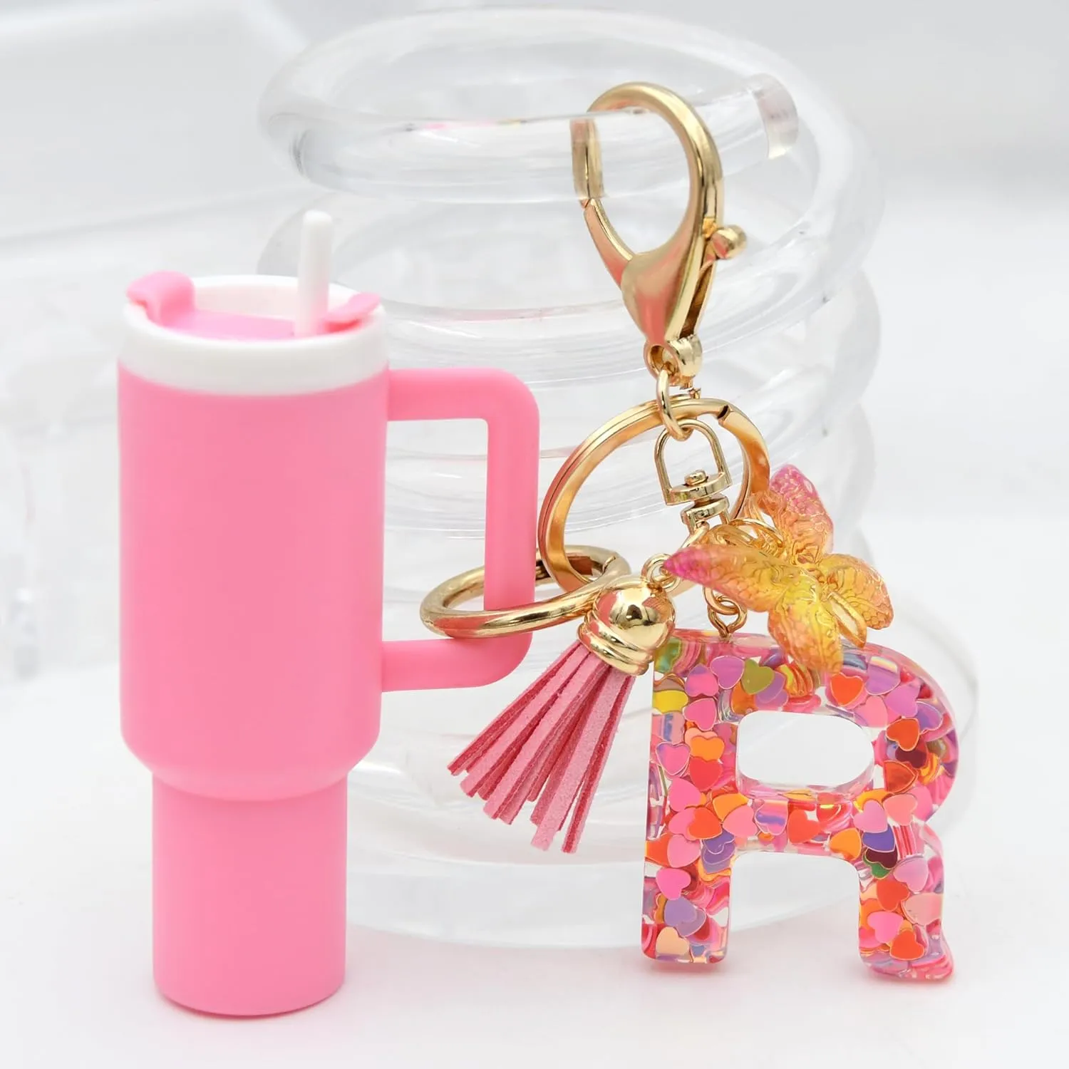 Mini Tumbler Keychain Cute Stanley Cup Charms For Backpack Initial Letter Fashion Tassel Butterfly Pendant Keychain For Women