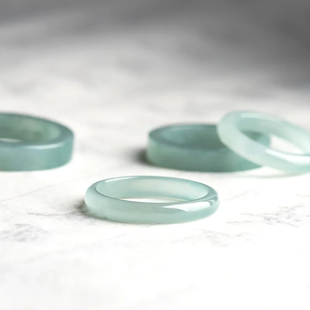 Minimalist 2 Style Couple Natural Emerald Ice Blue Water Jadeite Ring Men's And Women's Jade Band Lucky Jewelry Gift (Round Thin, 20mm)