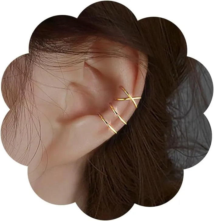 Minimalist Criss Cross Ear Cuff 2PCS Cute Cartilage Fake Helix Ear Cuffs Tiny Fine Double Lines Ear Clip Earrings Conch Earring Adjustable Adornment for Women Men (gold)