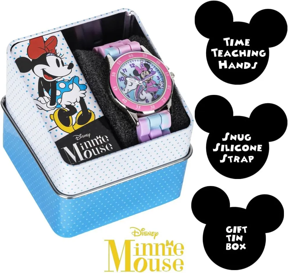 Minnie Mouse Time Teacher Watch for Girls - Analog Time Learning with Easy-to-Read Numbers and Comfortable Silicone Band