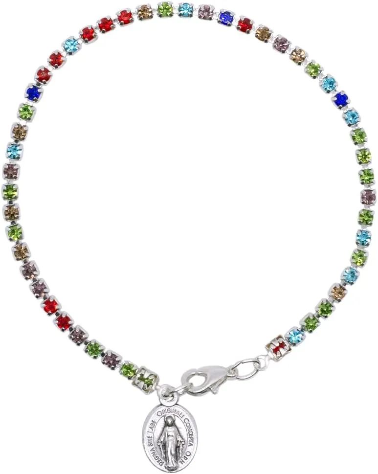 Miraculous Medal Rainbow Crystal Tennis Bracelet | Catholic Jewelry | Great Religious Gift for First Holy Communion or Confirmation | Christian Wrist Accessory