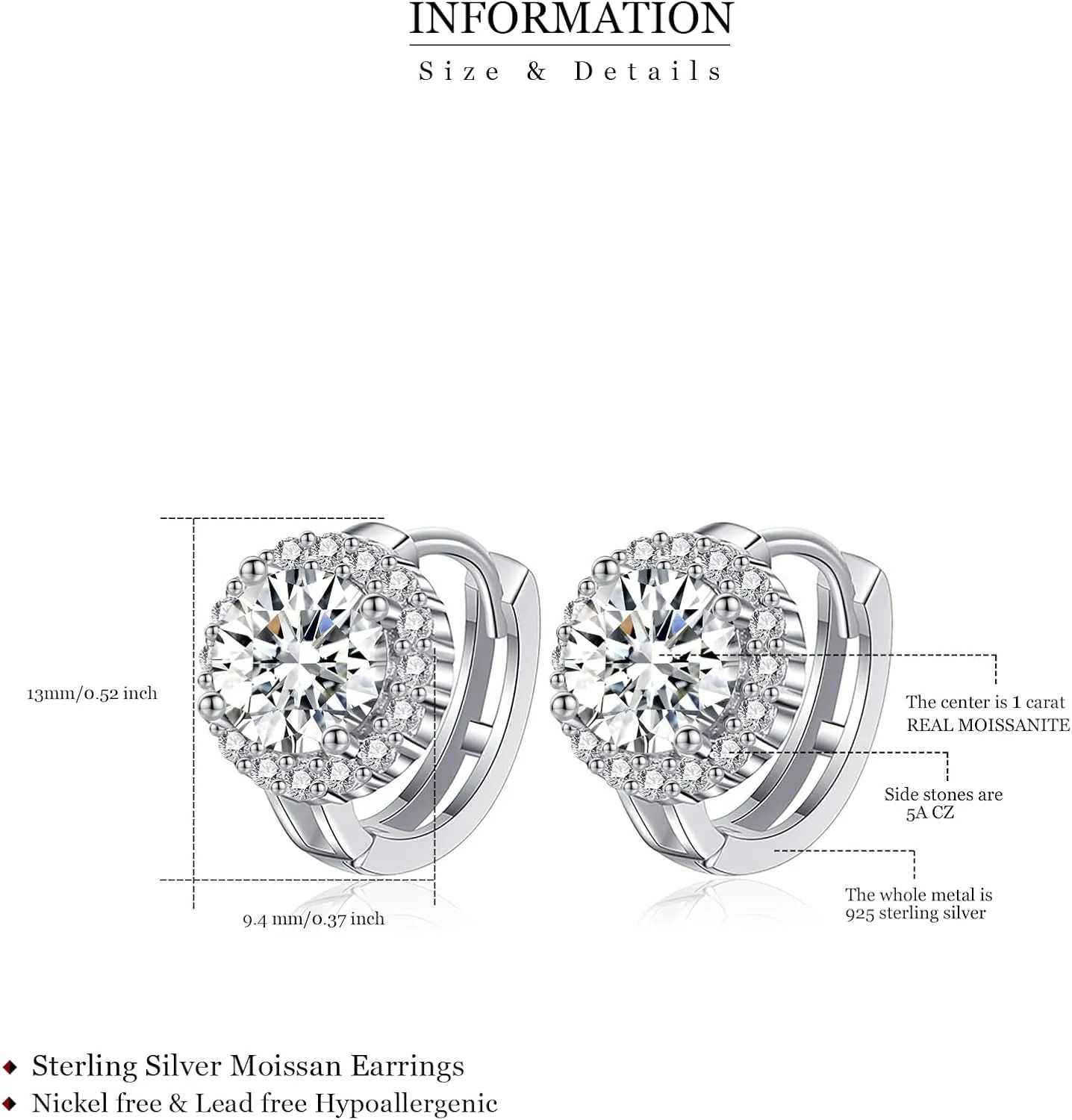 Moissanite Earrings 925 Sterling Silver Earrings 0.3ct/0.5ct/1ct Moissanite Stud Earrings for Women Wedding Birthday Jewelry gifts