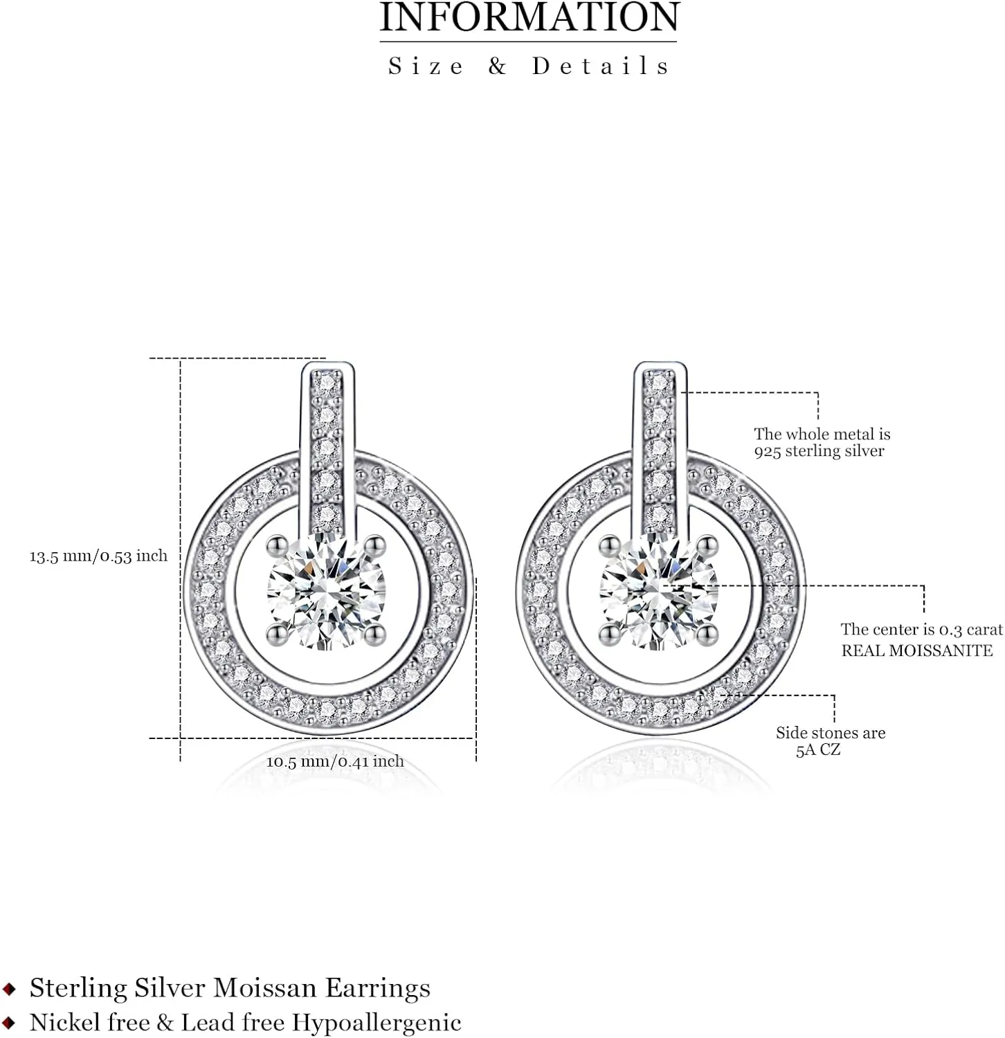 Moissanite Earrings 925 Sterling Silver Earrings 0.3ct/0.5ct/1ct Moissanite Stud Earrings for Women Wedding Birthday Jewelry gifts