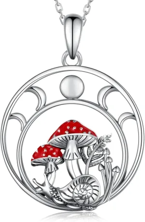 Moon Mushroom Necklace for Women,925 Sterling Silver Magical Red Mushroom Pendant Moon Phase Necklaces,Anniversary Birthday Gifts for Women Mom,18''-20''